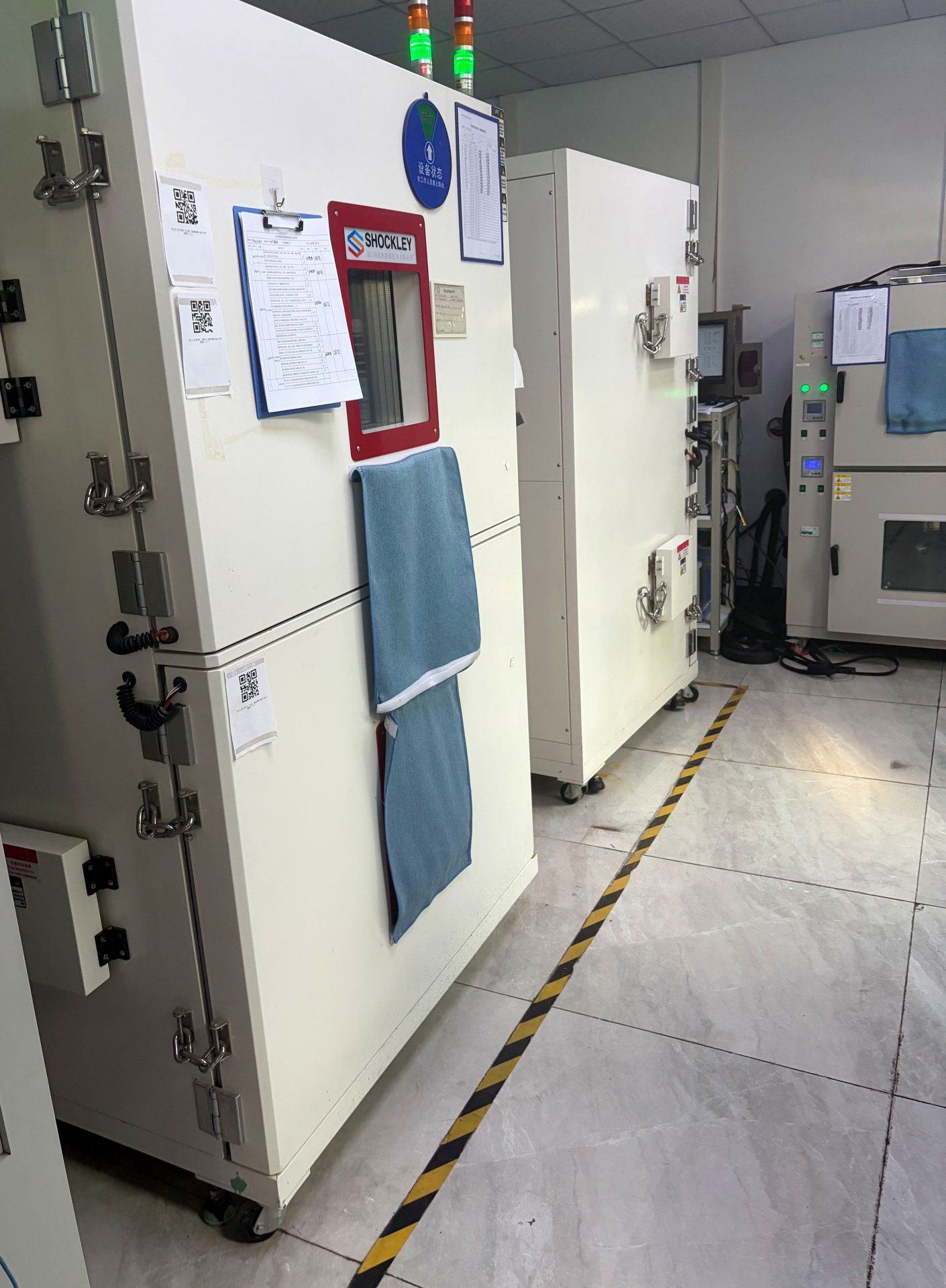 Battery cell testing chambers at a Shenzhen partner laboratory